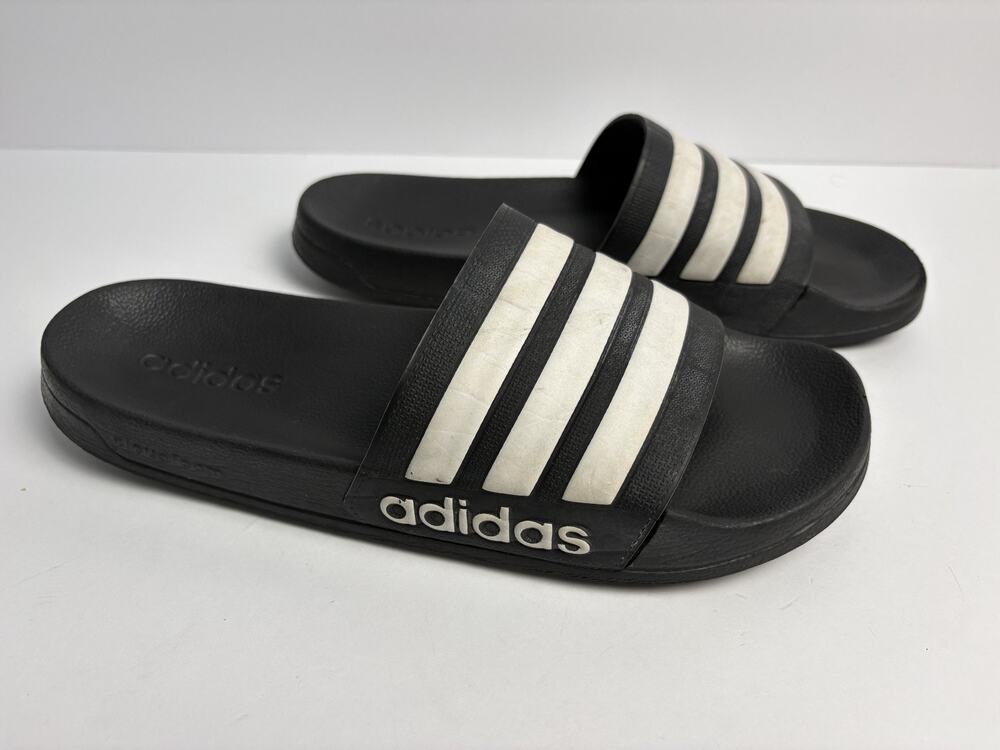 Adidas Adilette Comfort Slides Size 10 Black White Striped Athleisure Slides